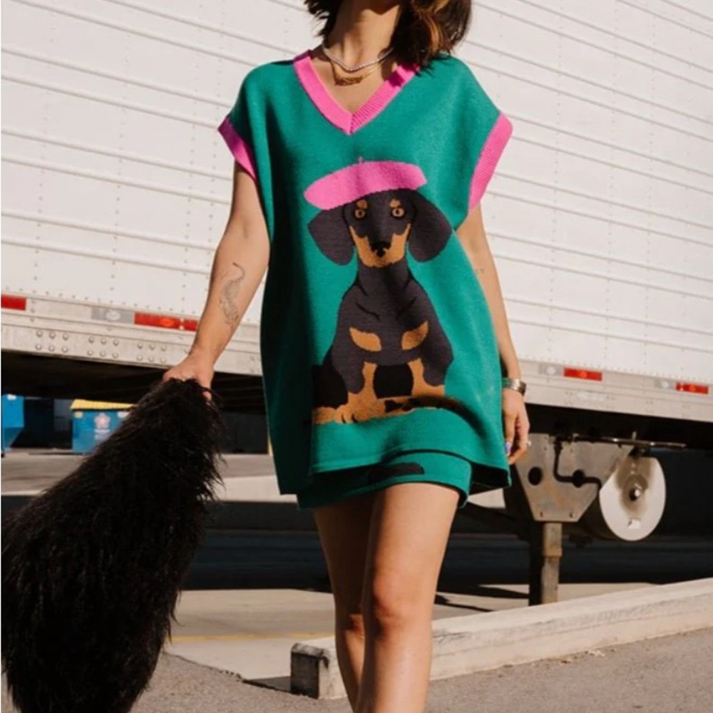 Dressed in LALA oversized sweater vest in Walter the Wiener Dog S/M